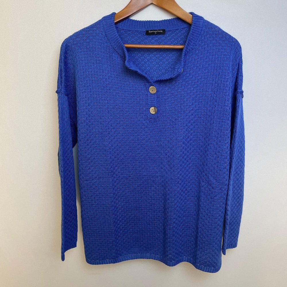 Emerson Lang Womens Open Knit Sweater Size S Blue Pullover Beach Oversized